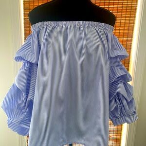 New Look Blue Striped Ruffle Sleeve, Off-shoulder Blouse